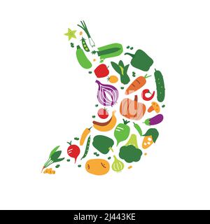 Vegetables and fruit icon set in stomach shape, vector illustration Stock Vector