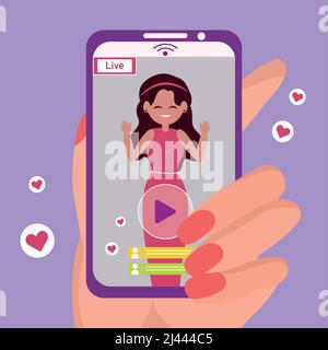 Streaming service concept Hand holding a cellphone while doing a live Vector Stock Vector
