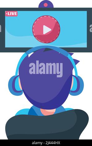 Streaming service concept Man with headphones watching a video Vector Stock Vector