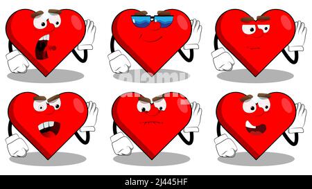 Heart Shape with holds hand at his ear, listening as a cartoon character, funny red love holiday illustration. Stock Vector