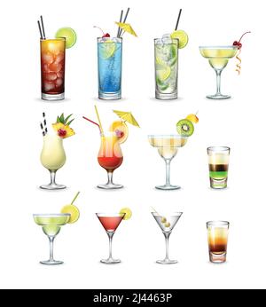 Vector set of popular cocktails and shots Cuba Libre, Blue Lagoon, Mojito, Margarita, Pina Colada, Tequila Sunrise, Cosmopolitan, Martini isolated on Stock Vector