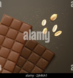 Vector milk and bitter chocolate bars with peanuts, top view isolated on dark background Stock Vector