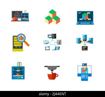 3d-printing and data center icon set. 3d printing concept Three dimensional cube Three dimensional design Bug inspection Network topology Big data tec Stock Vector