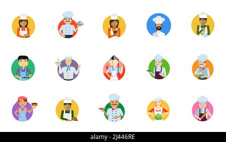 Cooking people icon set. Confectioner Chef with cloche Female chef Man in cook cap Ladle Frying pan Hot soup Sushi bar Female confectioner Cooking Cak Stock Vector