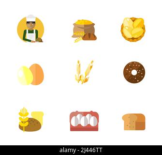 Bakery icon set. Baker cutting bread Grain Eggs in basket Two eggs Wheat ear Finnish round rye bread Loafs and wheat Eggs in cartoon package Bread Stock Vector