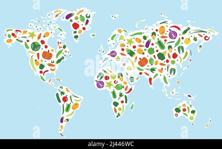 Vegetables and fruit icons in the map of the world, vector illustration Stock Vector