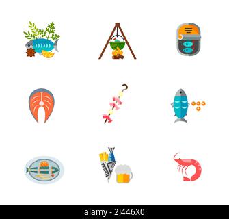 Fish food icon set. Dish with herbs Fish soup Canned fish Salmon steak Shrimps kebab Caviar Dish Chips Shrimp Stock Vector