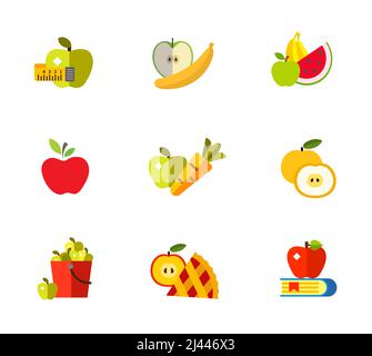 Apple concept icon set. Measuring tape Banana Summer fruit Apple Carrot Cut fruit Bucket Apple pie slice Knowledge concept Stock Vector