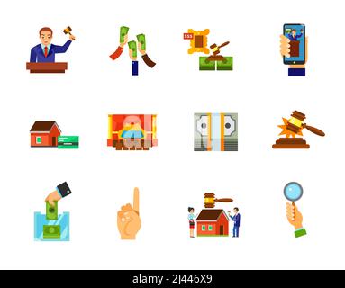 Auction icon set. Auctioneer Raising money Lot Internet auction Interior Sold sound Building auction Bidder hand. Contains bonus icons of Mortgage Dol Stock Vector