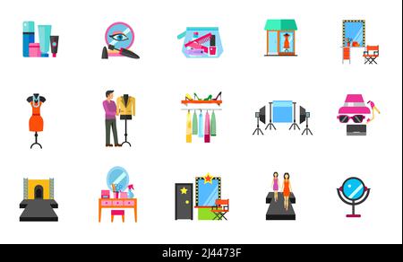 Fashion industry icon set. Makeup containers Makeup base Cosmetic bag Showcase Makeup table Evening dress Designer Fashion shop Shooting scene Accesso Stock Vector