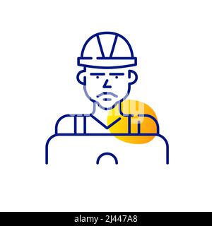 Construction worker using laptop. Pixel perfect, editable stroke fun line art icon Stock Vector