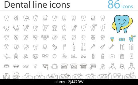 Dental clinic and dental care element line icons Stock Vector