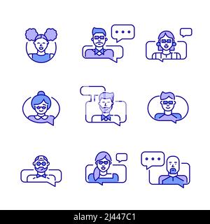 Social media messaging and call centre support icons set. Pixel perfect, editable stroke, purple and blue Stock Vector