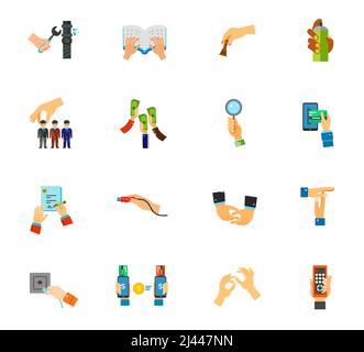 Gesture icon set. Plumber Braille book Chess Graffiti Head hunting Raising money Bidder E-payment Job contract Usb plug Depicting hands Break Network Stock Vector