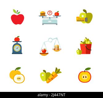 https://l450v.alamy.com/450v/2j447nt/healthy-eating-icon-set-apple-hamburger-and-apple-on-scales-measuring-tape-fruit-on-scales-nutrition-concept-apple-bucket-cut-fruit-healthy-eating-ha-2j447nt.jpg