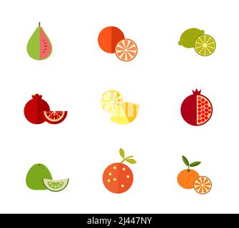 Fresh fruit icon set. Guava Tangerine Lime Pomegranate Lemon Pomegranate Pomelo Orange Whole tangerine with slice Stock Vector