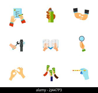 Hands icon set. Signing job contract Graffiti spray Depicting hands Pipe repair Braille book Bidder hand Sign language Raising money Medical test Stock Vector