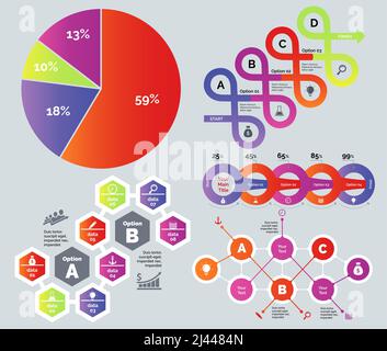 Process and percentage chart set. Can be used for statistics, workflow layout, annual report. Marketing concept. Pie chart Arrow loop chart Hexagon op Stock Vector