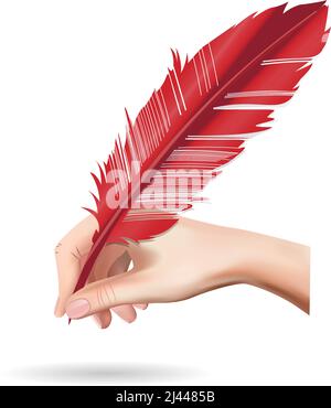 Hand holding feather pen. Design element. For banners, posters, leaflets and brochures. Stock Vector