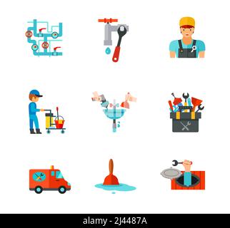 Plumber icon set. Pipe connector Wrench Plumber Plumbing service Pipe repairing Tools Plumber truck Plunger Sewer manhole Stock Vector