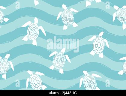 Sea turtle with abstract shell seamless pattern. Vector illustration background. Stock Vector