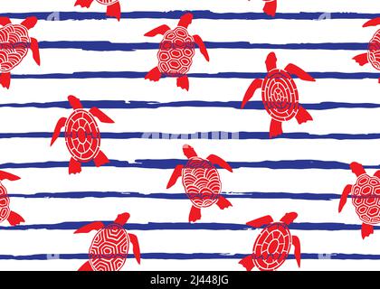 Sea turtle with abstract shell seamless pattern. Vector illustration background. Stock Vector