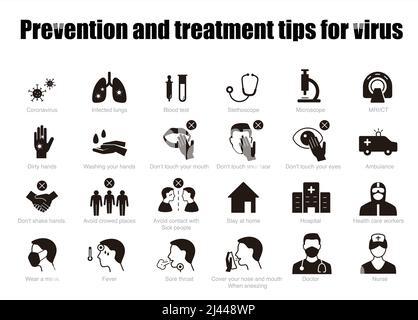 prevention and treatment tips for coronavirus infographic, vector icons Stock Vector