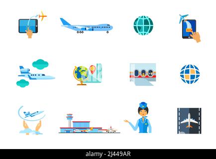 Airplane icon set. Buying Tickets Online Big Plane Globe Jet Plane Globe and Map Passengers in Airplane Flight Insurance Airport Terminal Stewardess Stock Vector