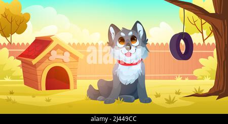 Cute dog sitting on backyard. House yard landscape with funny pet, canine kennel, green grass, fence and tree with tire swing. Vector cartoon illustration of wooden doghouse and puppy Stock Vector