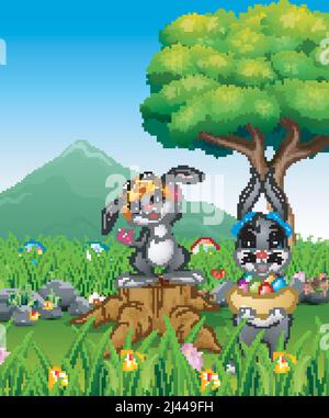 Happy rabbit holding easter egg on the field Stock Vector