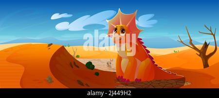 Cute baby dinosaur in desert. Little triceratops on drought landscape with sand, dry soil, dead tree and skeletons. Vector cartoon illustration of funny dino character on barren land Stock Vector