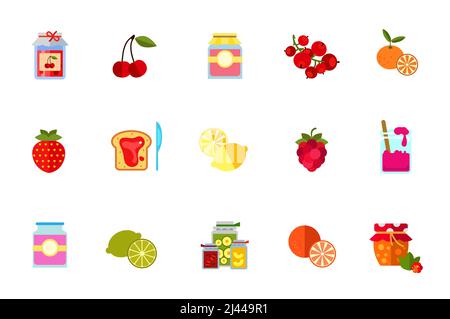 Berries and fruits icon set. Jam Jar With Paper Cherry Jam Jar With Label Red Currant Bunch Tangerine Strawberry Jam On Bread And Knife Lemon Raspberr Stock Vector