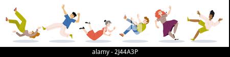 Diverse people fall, fly down. Vector flat illustration of characters tumble after slip or stumble with injury risk. Men and women drop isolated on white background Stock Vector