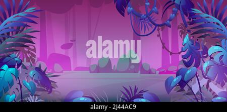 Jungle landscape with plant leaves, trees and bushes at night. Vector cartoon illustration of dark tropical forest with exotic plants, palm leaves and green grass on glade Stock Vector