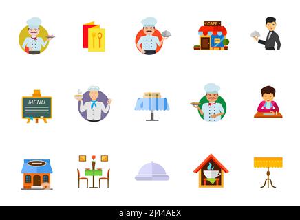 Dining in restaurant icon set. Chef, Menu Brochure Cafe Building Waiter Serving Dish Menu On Blackboard Reserved Tablet Gentleman With Napkin Eating R Stock Vector