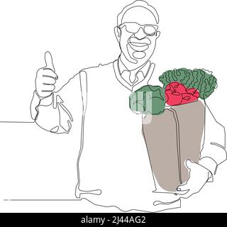Minimal outline concept of man holding grocery bag Stock Vector