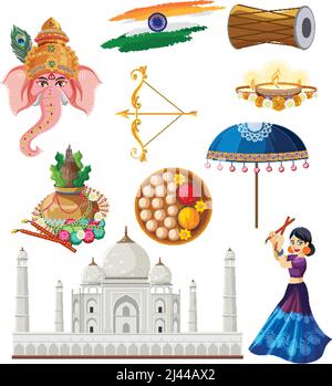 Set of Indian culture objects and symbols illustration Stock Vector