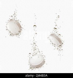 Effervescent soluble pills dissolve in water. Vector realistic mockup of white round fizzy tablets, dissolving medical drugs with bubbles isolated on transparent background Stock Vector