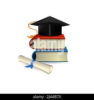 Realistic image of graduation cap on books and diploma. College, bachelor, university. Graduation concept. Can be used for topics like science, educat Stock Vector