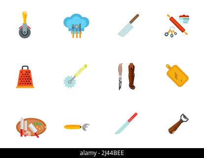 Kitchenware icon set. Pizza Cutter Cleaver Cooking Set Kitchen Grater Sharp Pukko Knife Knives On Cutting Board Can Opener Beer Opener Stock Vector