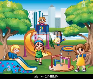 Happy children playing in the playground illustration Stock Vector ...