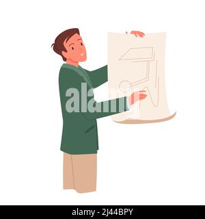 Engineer holding paper document with industry project, employee reading sketch draft Stock Vector