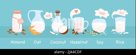 Wide set of vegetable milk in glass cups Stock Vector