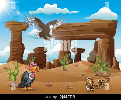 Cartoon eagle bird, turkey and snake living in the desert Stock Vector