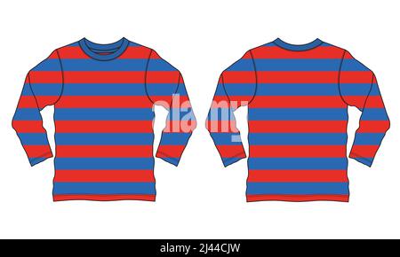Long Sleeve T shirt With Colorful Stripe All Over Body Technical Fashion Flat sketch Vector Illustration Template Front And Back Views. Ap Stock Vector