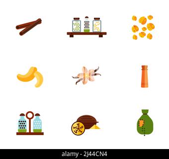 Spices icon set. Cinnamon Stick Jars With Peas And Pasta On Shelf Oat Grains Cashew Vanilla Flower And Sticks Pepper Mill Salt And Pepper Shakers Nutm Stock Vector