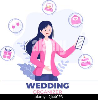 Wedding Organizer Providing Decoration Service or Making Plans Before Married Ceremony in Flat Background Cartoon Style Illustration Stock Vector