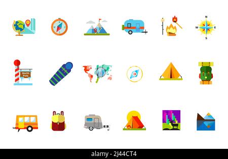 Traveling with tent icon set. Globe and Map Compass Mountain Peak Vacation Destination on Map Campfire Sleeping Bag Hiking Backpack Trailer Backpack C Stock Vector