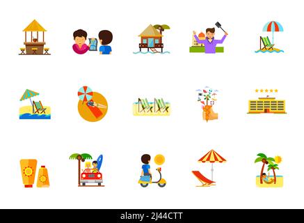 Vacation icon set. Beach Bar Hotel on Water Traveling Man Taking Selfie Beach Umbrella and Lounge Chair Woman Sunbathing Deck Chair Waffle Cone with P Stock Vector