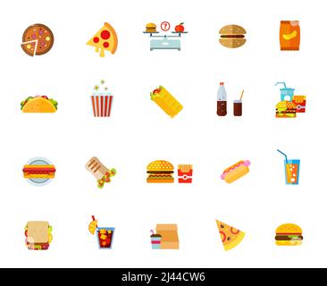 Fatty food icon set. Pizza Slice Hamburger And Apple On Scales Hamburger, Potato Chips Package Taco Popcorn Shawarma Coke Fast Food Hotdog  Dorner Bur Stock Vector